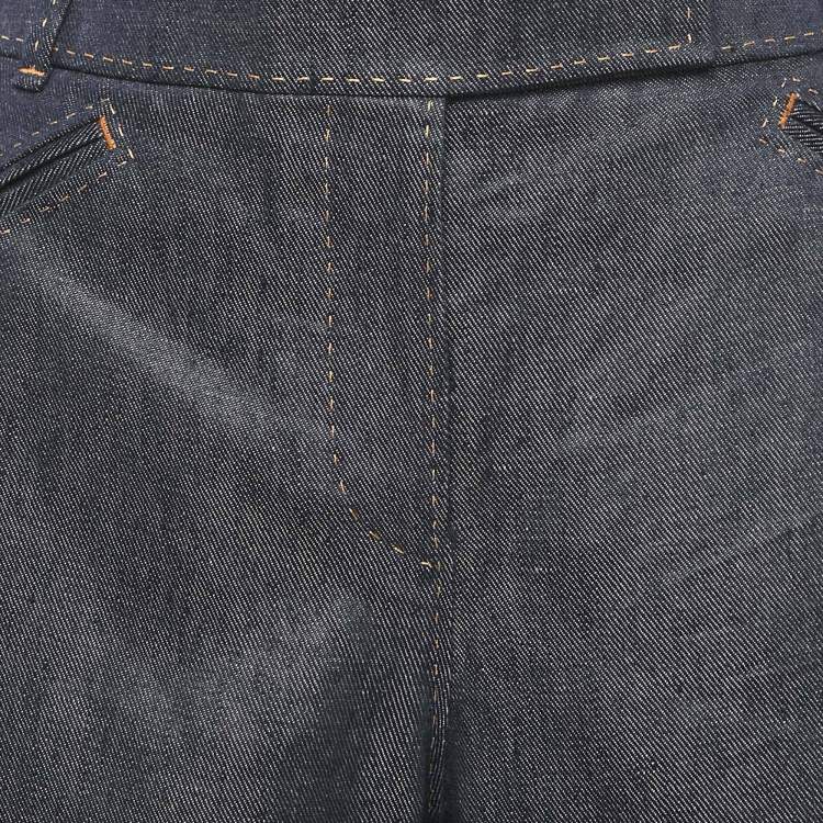 Pre Owned Hermes Blue Linen Wide Leg Pants M