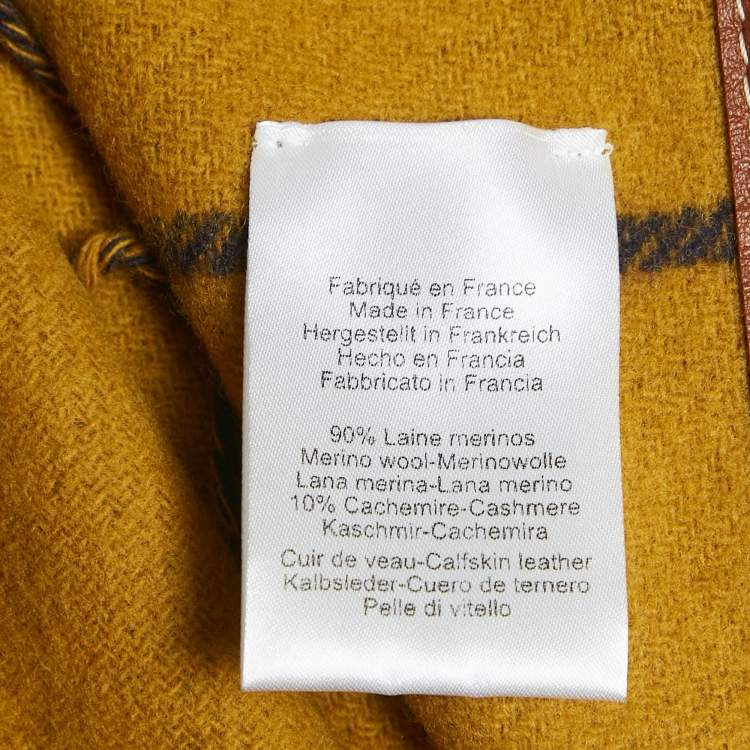 Pre Owned Hermès Blue Checks Leather Trim Wool Fringed Poncho One Side