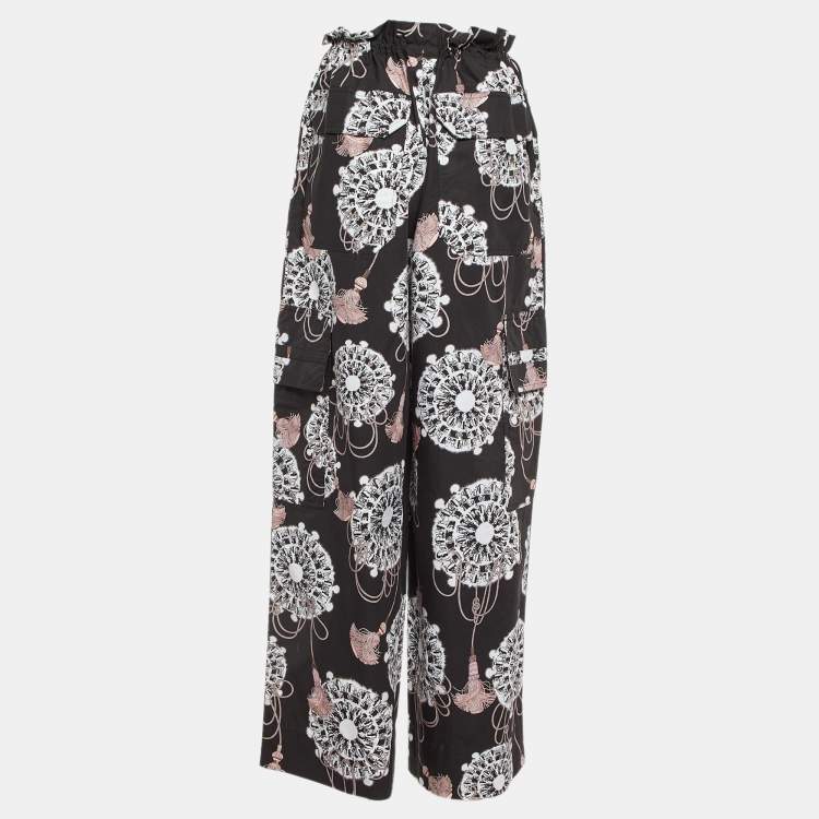 Pre Owned Hermes Black Cliquetis Aquarelle Print Cotton Wide Leg Trousers S