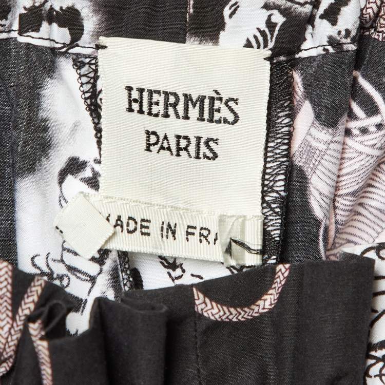 Pre Owned Hermes Black Cliquetis Aquarelle Print Cotton Wide Leg Trousers S