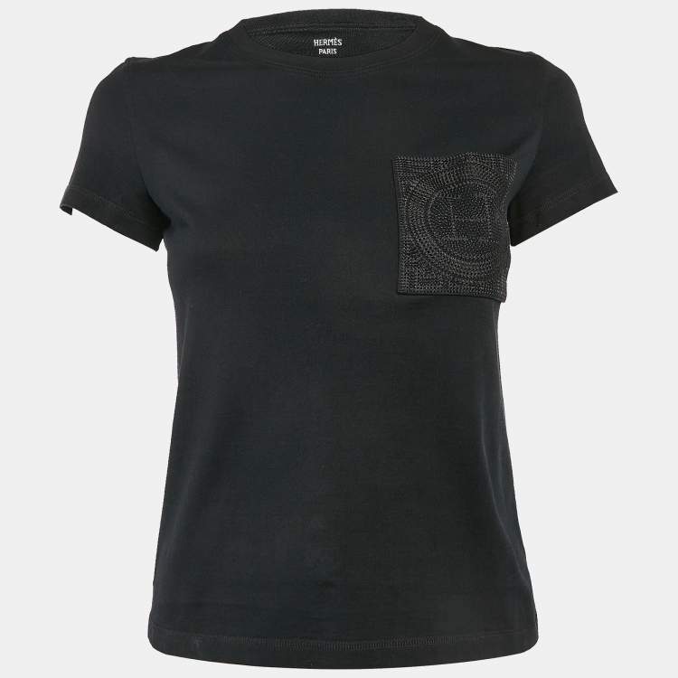 مملوكة مسبقًا Hermes Black Jersey Embroidered Pocket T-Shirt S