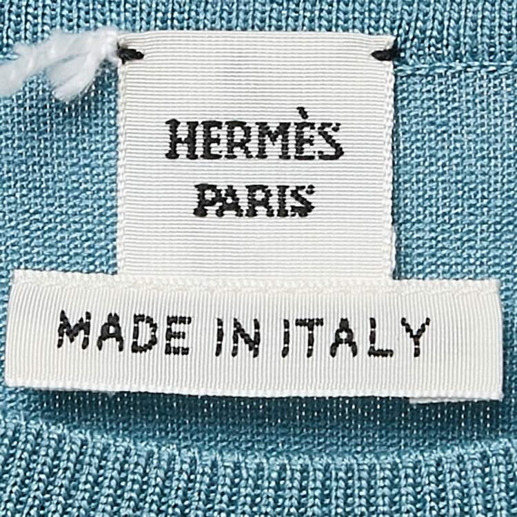 Pre Owned Hermes Blue Scarf Print Silk and Jersey Crew Neck Sweater Top