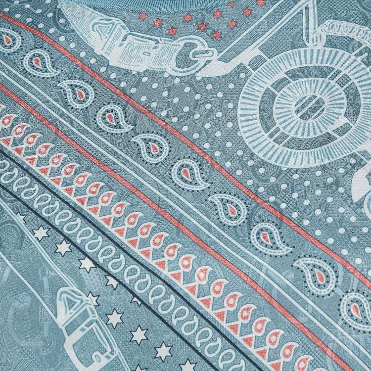 Pre Owned Hermes Blue Scarf Print Silk and Jersey Crew Neck Sweater Top