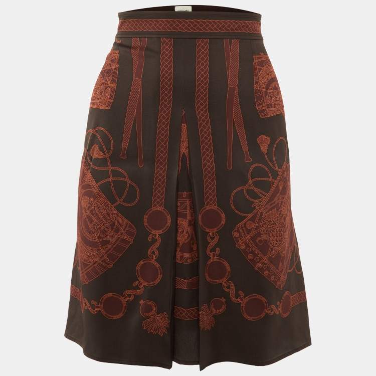 Pre Owned Hermes Dark Brown Printed Silk Pleat Detail Mini Skirt M