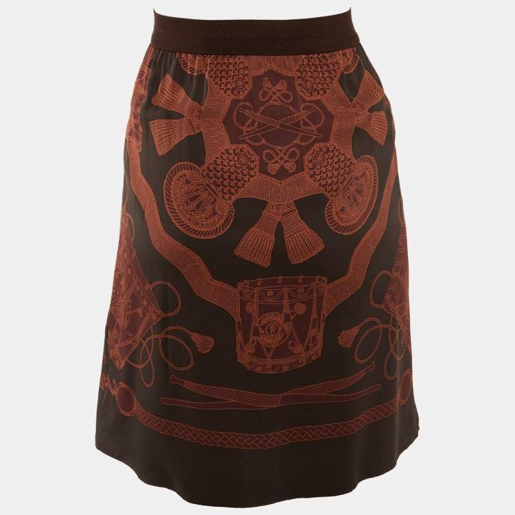 Pre Owned Hermes Dark Brown Printed Silk Pleat Detail Mini Skirt M