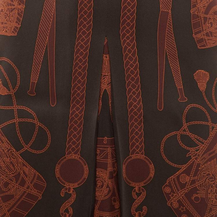 Pre Owned Hermes Dark Brown Printed Silk Pleat Detail Mini Skirt M