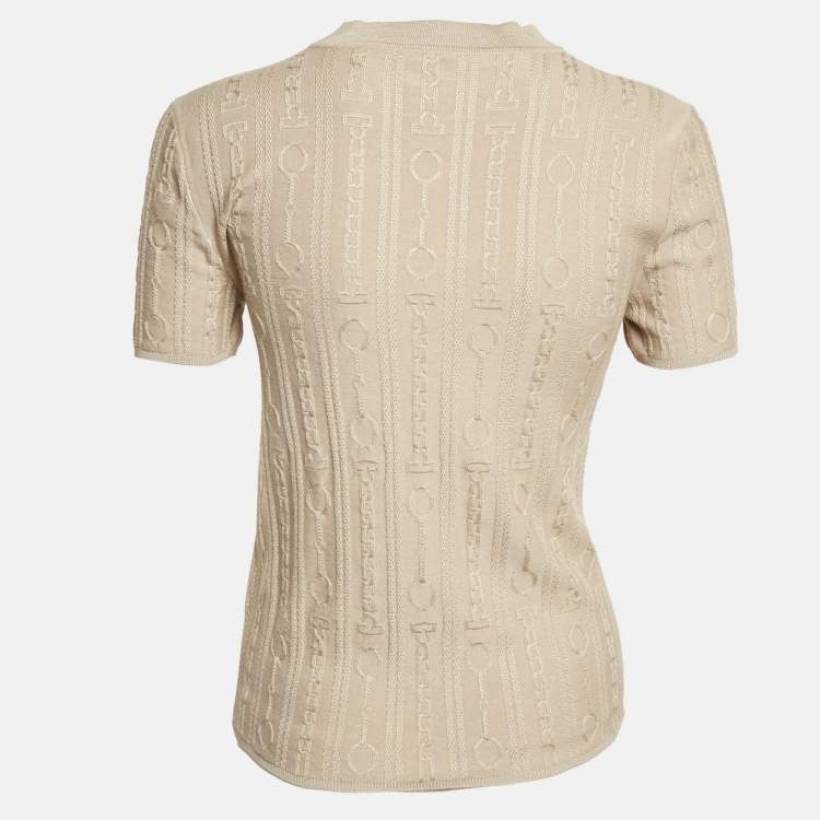 Pre Owned Hermès Beige Wool Blend Short Sleeve Kaleidoscope Effect Sweater M