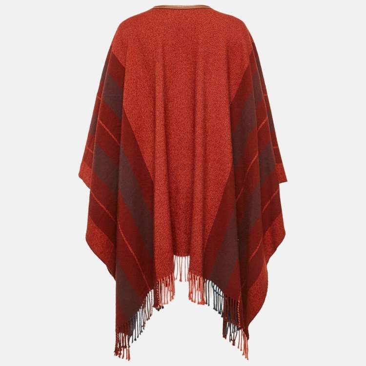 Pre Owned  Hermès Brown Striped Wool and Leather Trim Rocabar Poncho One Size