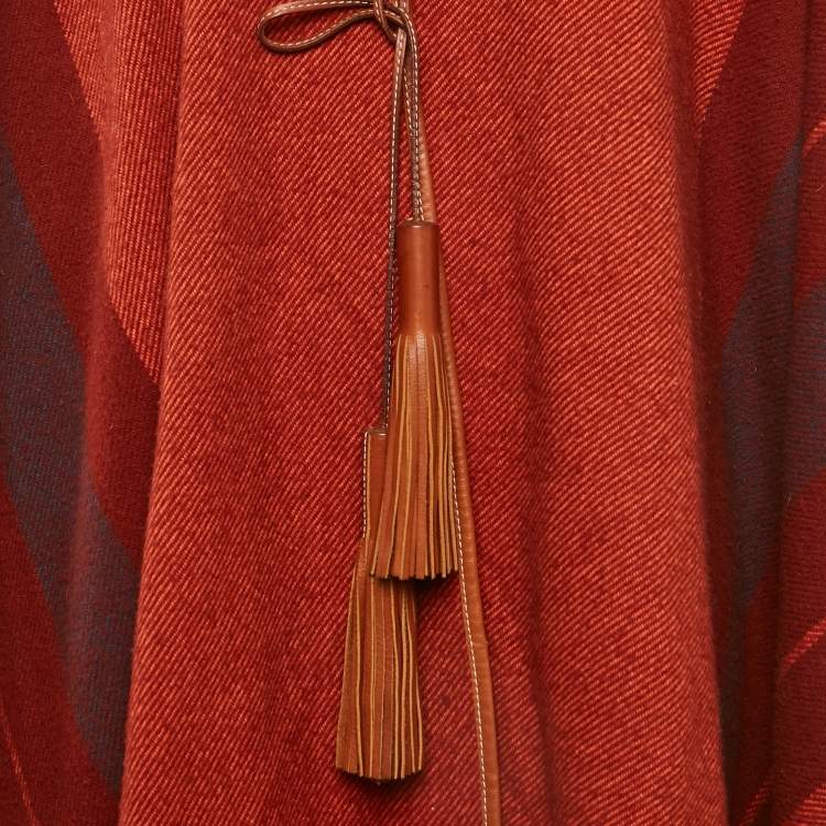 Pre Owned  Hermès Brown Striped Wool and Leather Trim Rocabar Poncho One Size