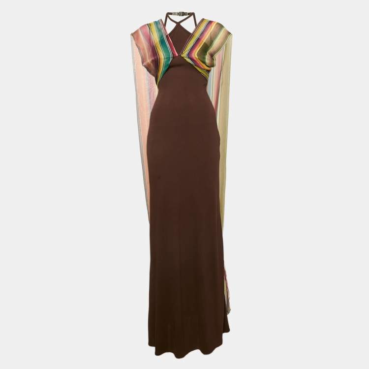 Pre Owned Hermès Brown Striped Silk and Jersey Maxi Dress M