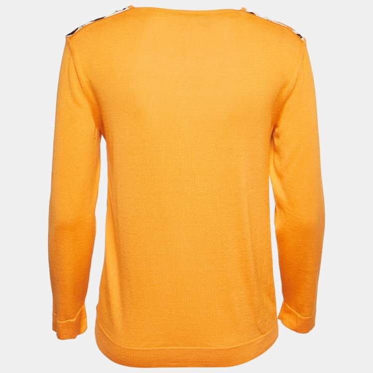 Pre Owned Hermès Orange Printed Silk & Cotton Knit Paneled Top S