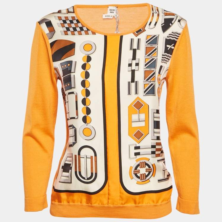 Pre Owned Hermès Orange Printed Silk & Cotton Knit Paneled Top S