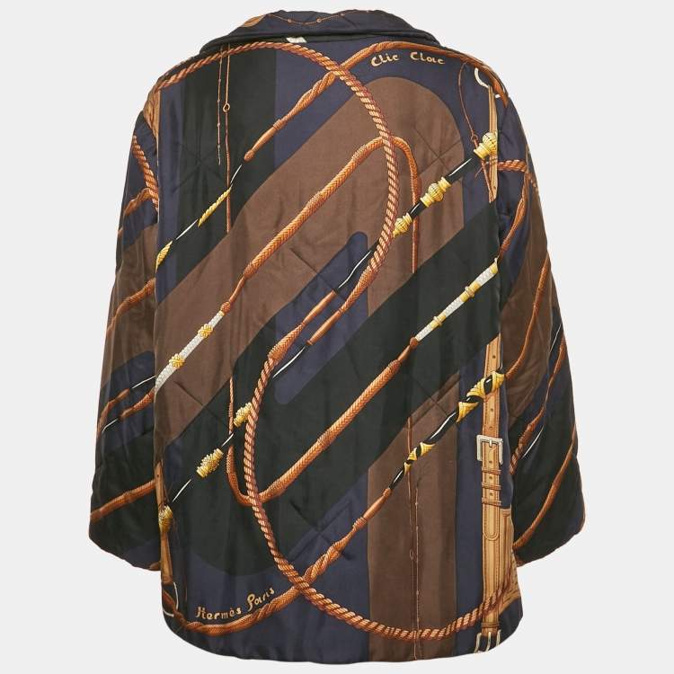 Pre Owned Hermes Navy Blue Printed Silk Padded Open Front Jacket L