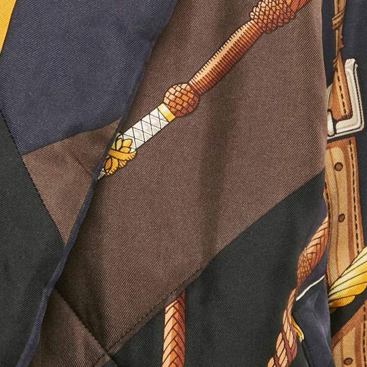 Pre Owned Hermes Navy Blue Printed Silk Padded Open Front Jacket L