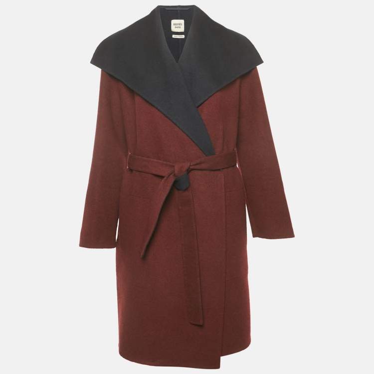 Pre Owned Hermes Burgundy/Blue Cashmere Felt Belted Coat L