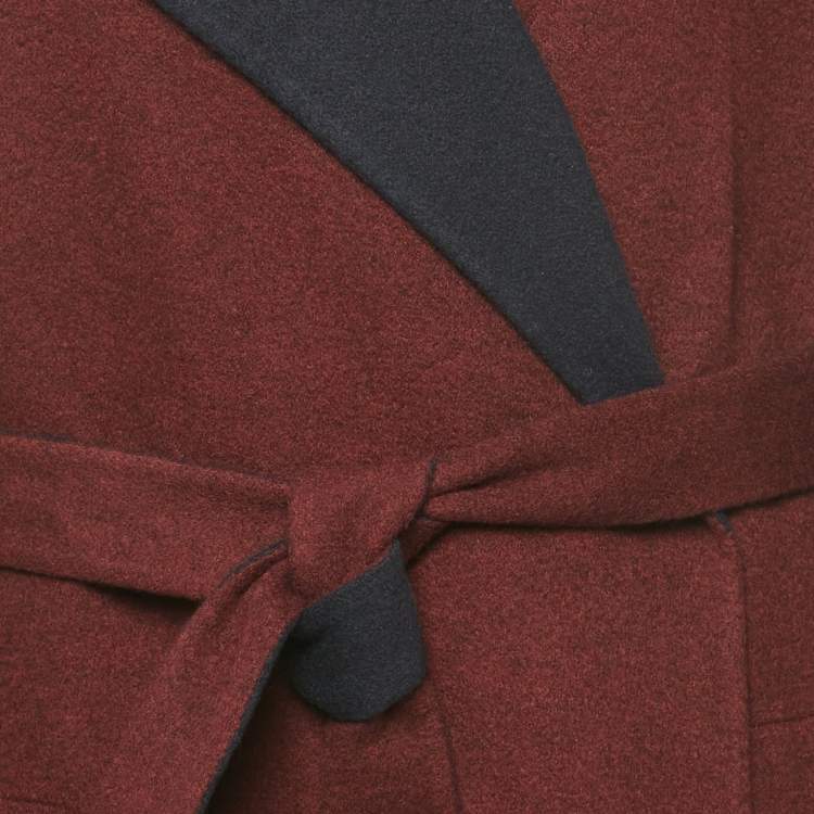 Pre Owned Hermes Burgundy/Blue Cashmere Felt Belted Coat L