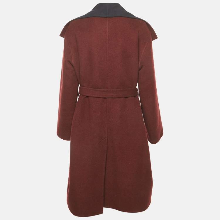 Pre Owned Hermes Burgundy/Blue Cashmere Felt Belted Coat L