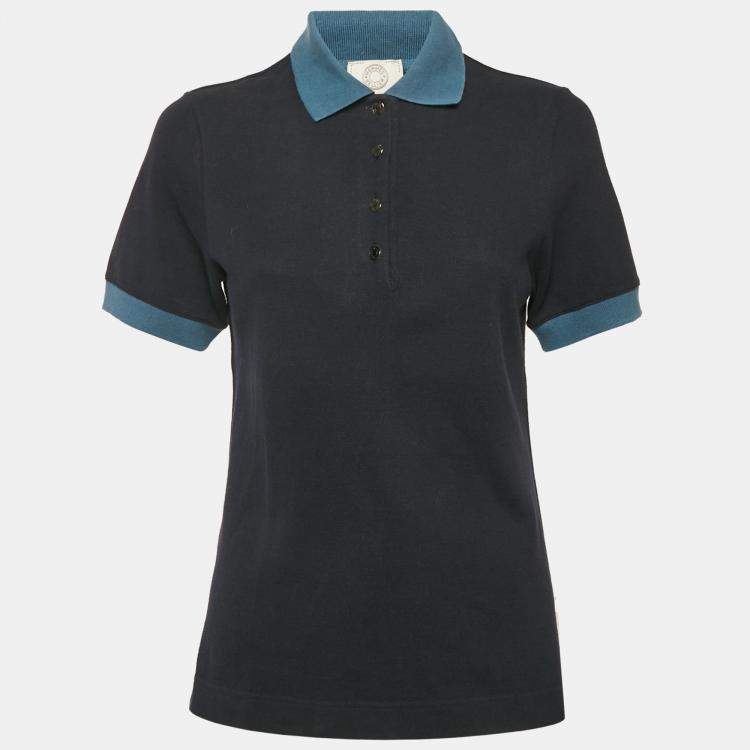 Pre Owned Hermes Sellier Navy Blue Cotton Pique Polo T-Shirt S