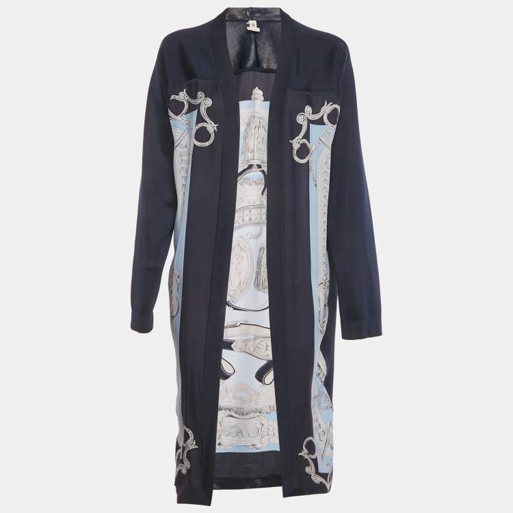 Pre Owned Hermes Navy Blue Printed Silk and Silk Knit Open Front Cardigan XL