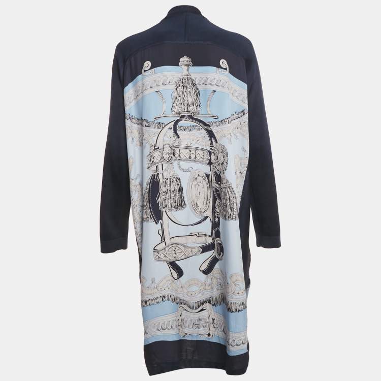Pre Owned Hermes Navy Blue Printed Silk and Silk Knit Open Front Cardigan XL