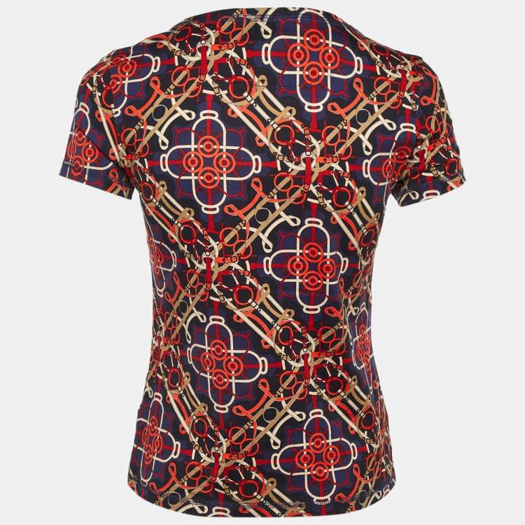 Pre Owned Herm�ès Navy Blue Printed Cotton Knit T-Shirt S