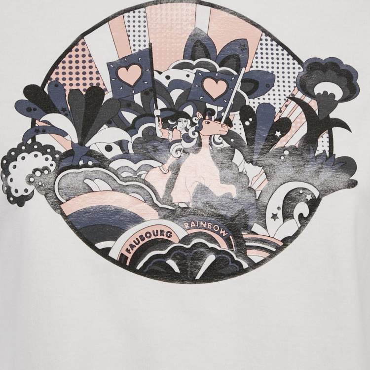 Pre Owned Hermes White Faubourg Rainbow Micro Print Cotton Crewneck T-Shirt M 