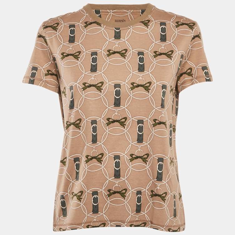 Pre Owned Hermes Brown Printed Cotton Crewneck T-Shirt M