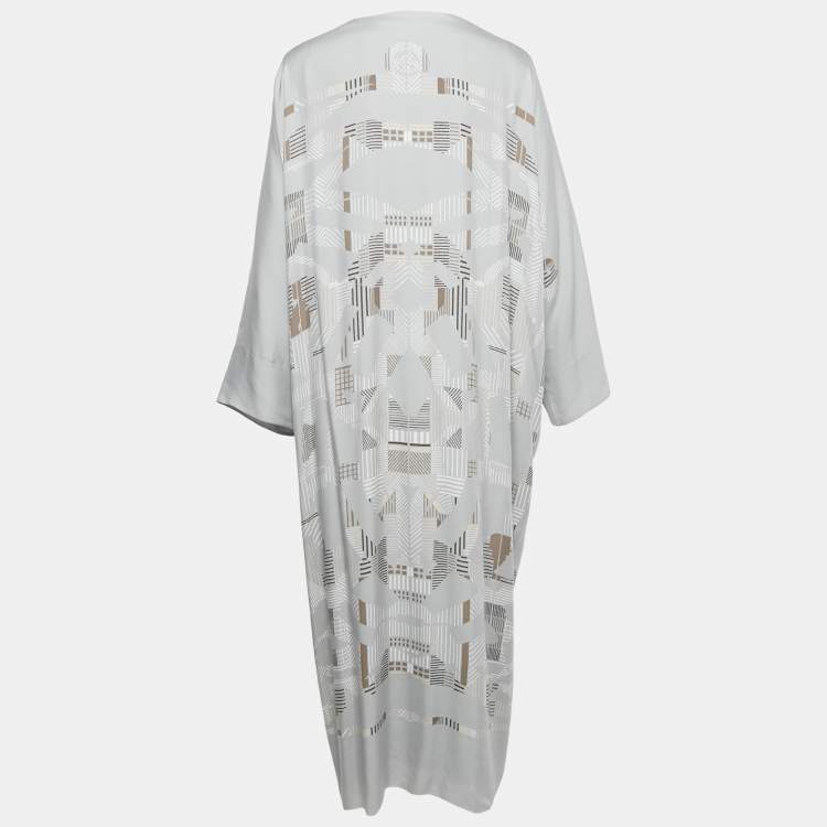 Pre Owned Hermes Grey Printed Silk Midi Kaftan Dress M
