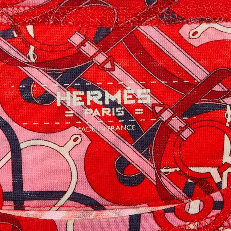 Pre Owned Hermès Red/Pink Eperon d'Or Cotton Crew Neck T-Shirt S