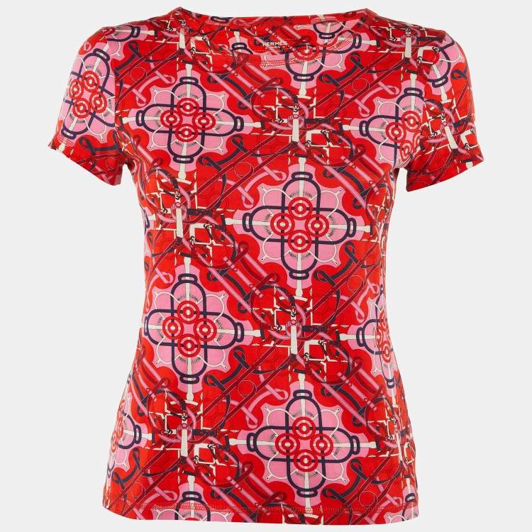 Pre Owned Hermès Red/Pink Eperon d'Or Cotton Crew Neck T-Shirt S