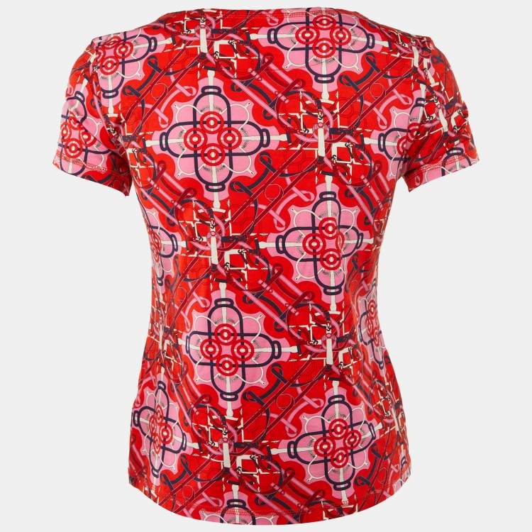 Pre Owned Hermès Red/Pink Eperon d'Or Cotton Crew Neck T-Shirt S