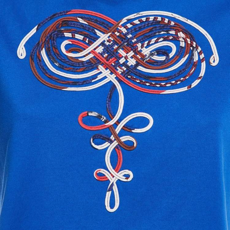 Pre Owned Hermes Blue Cotton Appliqued Crew Neck T-Shirt S 