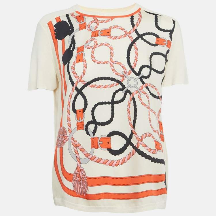 Pre Owned Hermes Cream Printed Silk & Cotton Knit Twillaine Sweater L