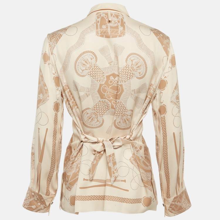 Pre Owned Hermes Beige Printed Silk Les Tambours Finesse Panel Shirt M