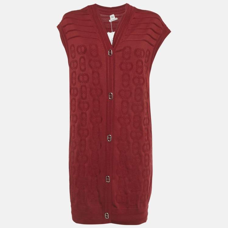 Pre Owned Hermes Red Patterned Knit Sleeveless Cardigan S