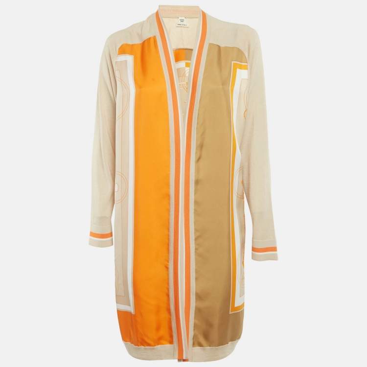 Pre Owned Hermes Beige Printed Silk and Wool Cardigan M