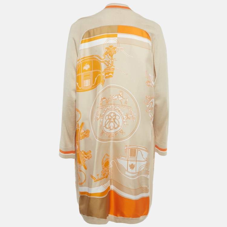 Pre Owned Hermes Beige Printed Silk and Wool Cardigan M