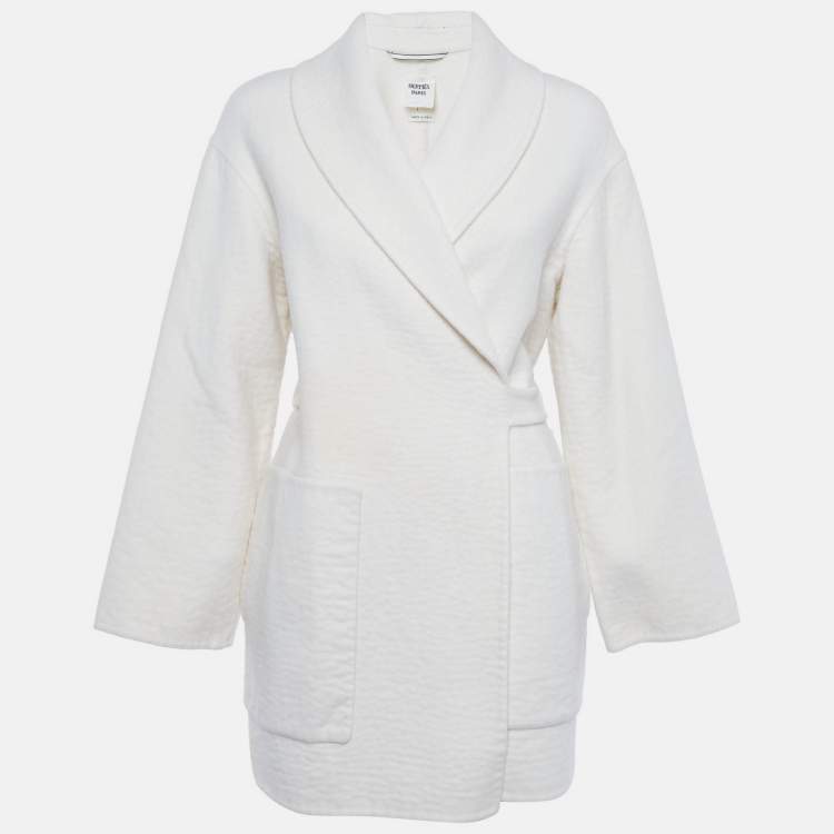 Pre Owned Hermes White Cashmere Wrap Over Mid Length Coat M