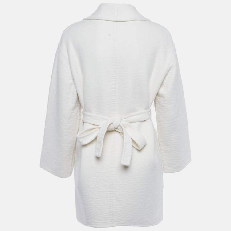 Pre Owned Hermes White Cashmere Wrap Over Mid Length Coat M