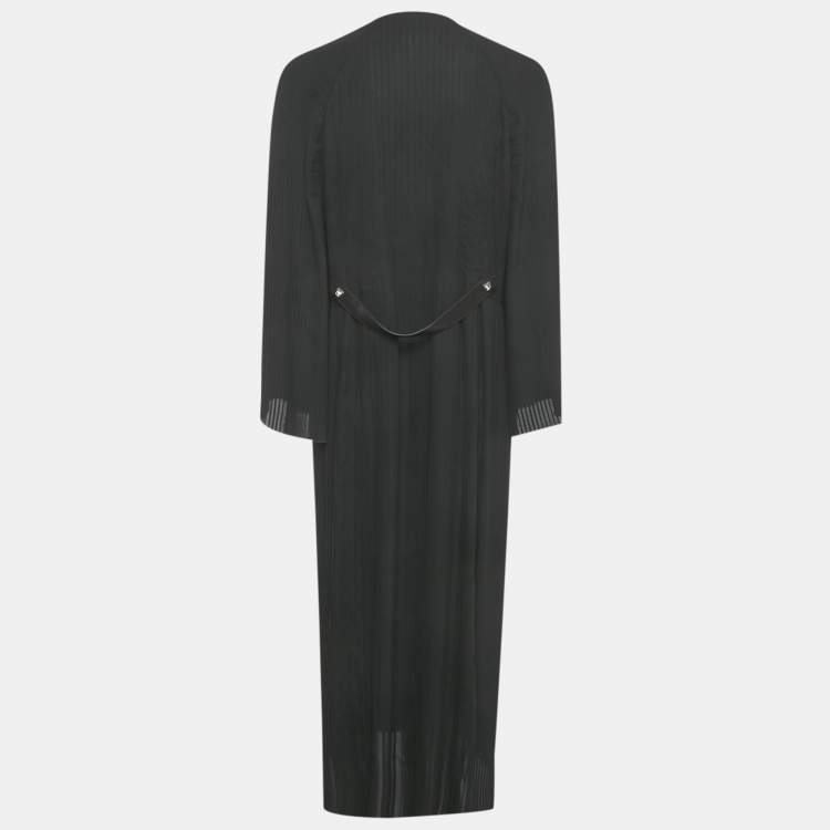 Pre Owned Hermes Black Plisse & Leather Trim Midi Dress M