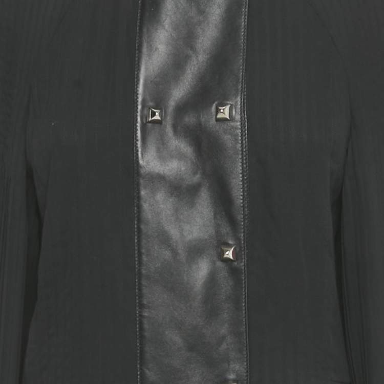 Pre Owned Hermes Black Plisse & Leather Trim Midi Dress M