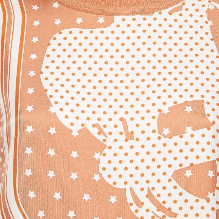 مملوكة مسبقًا Hermès Brown Printed Silk and Knit Crew Neck Top L