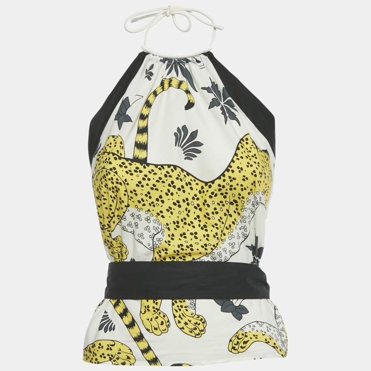 Pre Owned Hermes White/Yellow Leopard Print Cotton Halter Neck Scarf Top M