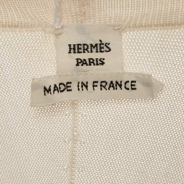 Pre Owned Hermes Navy Beige Printed Silk and  Knit Open Front Cardigan M