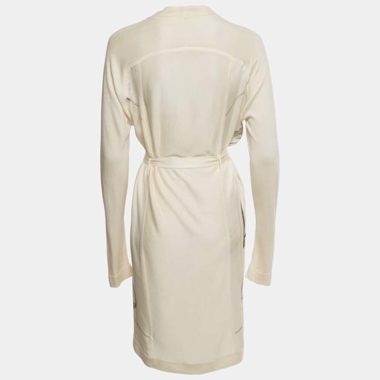 Pre Owned Hermes Navy Beige Printed Silk and  Knit Open Front Cardigan M