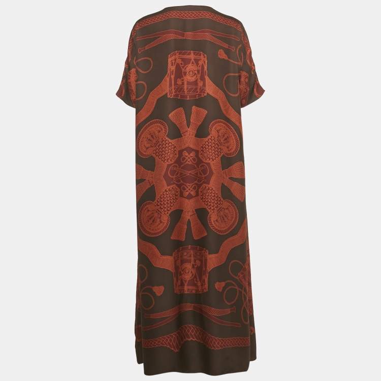 Pre Owned Hermes Brown Printed Silk Midi Dress M