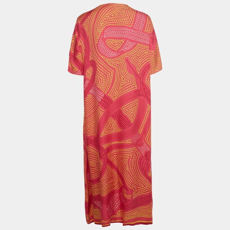 Pre Owned Hermes Pink Printed Silk Maxi Dress S 