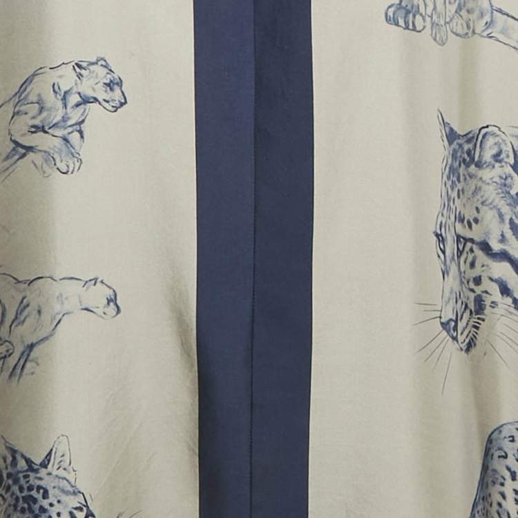 Pre Owned Hermes Grey/Navy Blue Printed Silk Kimmo Midi Dress M