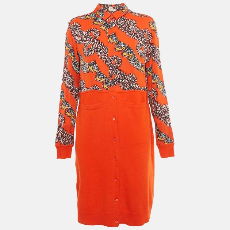 Pre Owned Hermès Orange Printed Silk & Wool Knit Button Front Dress L