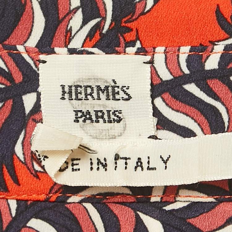 Pre Owned Hermès Orange Printed Silk & Wool Knit Button Front Dress L